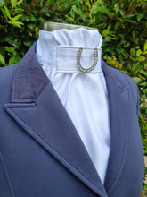 Load image into Gallery viewer, ERA EURO CHARIZE STOCKTIE - White satin with white piping & horse shoe brooch