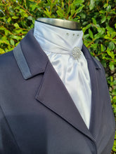 Load image into Gallery viewer, ERA ELLE STOCK TIE - White satin Soft Ties with navy or black piping, crystals & brooch