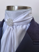 Load image into Gallery viewer, ERA Elle Stardust Stock Tie - White Satin Soft Ties with Silver Stardust and Brooch