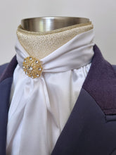 Load image into Gallery viewer, ERA Elle Stardust Stock Tie - White Satin Soft Ties with Gold Stardust and Brooch