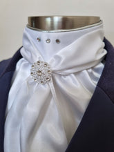 Load image into Gallery viewer, ERA ELLE STOCK TIE - White satin Soft Ties with silver metallic piping, silver crystals and crystal brooch
