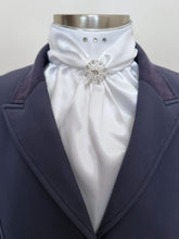 Load image into Gallery viewer, ERA ELLE STOCK TIE - White satin Soft Ties with silver metallic piping, silver crystals and crystal brooch