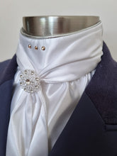 Load image into Gallery viewer, ERA ELLE STOCK TIE - White satin Soft Ties with silver metallic piping, rose gold crystals and rose gold crystal brooch