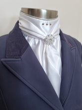 Load image into Gallery viewer, ERA ELLE STOCK TIE - White satin Soft Ties with silver metallic piping, rose gold crystals and rose gold crystal brooch