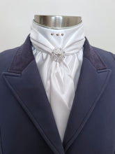 Load image into Gallery viewer, ERA ELLE STOCK TIE - White satin Soft Ties with silver metallic piping, rose gold crystals and rose gold crystal brooch