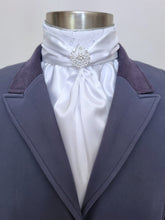 Load image into Gallery viewer, ERA ELLE Pre-tied Stock Tie - White satin Soft Ties with White Lace Centre and silver or pearl brooch