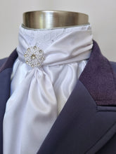 Load image into Gallery viewer, ERA ELLE Pre-tied Stock Tie - White satin Soft Ties with White Lace Centre and silver or pearl brooch