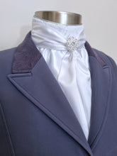 Load image into Gallery viewer, ERA ELLE Pre-tied Stock Tie - White satin Soft Ties with White Lace Centre and silver or pearl brooch