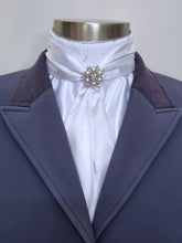 Load image into Gallery viewer, ERA ELLE Pre-tied Stock Tie - White satin Soft Ties with White Lace Centre and silver or pearl brooch