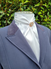 Load image into Gallery viewer, ERA ELLE STOCK TIE - White satin Soft Ties with silver piping and rose gold crystal brooch