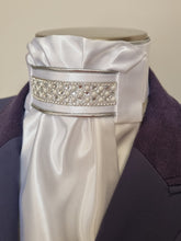Load image into Gallery viewer, ERA Euro Lyndal Regal Stock Tie - White Satin with silver piping & crystal and pearl trim