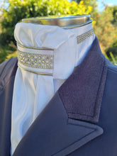 Load image into Gallery viewer, ERA Euro Lyndal Regal Stock Tie - White Satin with silver piping & crystal and pearl trim