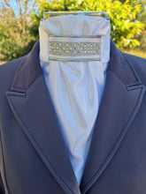 Load image into Gallery viewer, ERA Euro Lyndal Regal Stock Tie - White Satin with silver piping & crystal and pearl trim