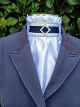 Load image into Gallery viewer, ERA EURO REGAL STOCK TIE - White satin, metallic silver piping, blue trim and Diamond embellishment