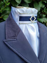 Load image into Gallery viewer, ERA EURO REGAL STOCK TIE - White satin, metallic silver piping, blue trim and Diamond embellishment