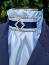 Load image into Gallery viewer, ERA EURO REGAL STOCK TIE - White satin, metallic silver piping, blue trim and Diamond embellishment