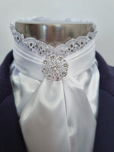 Load image into Gallery viewer, ERA EURO BELLE Stock Tie - White lustre satin with lace frill, pearls & crystals and brooch