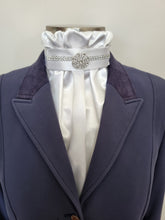 Load image into Gallery viewer, ERA EURO KARA Stock Tie – White gathered satin with silver crystal trim and silver brooch