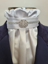 Load image into Gallery viewer, ERA EURO KARA Stock Tie – White gathered satin with silver crystal trim and silver brooch