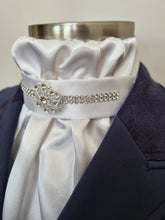 Load image into Gallery viewer, ERA EURO KARA Stock Tie – White gathered satin with silver crystal trim and silver brooch