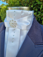 Load image into Gallery viewer, ERA Euro Adeline Stock Tie - White satin with Crystal detail down the centre