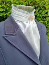 Load image into Gallery viewer, ERA EURO BELLE with PEARLS & CRYSTALS Stock Tie - White lustre satin with, lace frill, rose gold & clear crystals and rose gold brooch