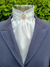 Load image into Gallery viewer, ERA EURO BELLE with PEARLS & CRYSTALS Stock Tie - White lustre satin with, lace frill, rose gold & clear crystals and rose gold brooch
