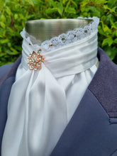 Load image into Gallery viewer, ERA EURO BELLE with PEARLS & CRYSTALS Stock Tie - White lustre satin with, lace frill, rose gold & clear crystals and rose gold brooch