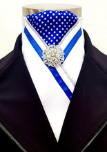 Load image into Gallery viewer, ERA FIONA STOCK TIE - CLEARANCE - White satin, royal blue polka dot, silver piping, royal blue trim trim and brooch