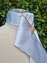 Load image into Gallery viewer, ERA HARLEY STOCK TIE - White satin, Rose Gold metallic piping and brooch