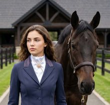 Load image into Gallery viewer, ERA HARLEY STOCK TIE - White satin, Rose Gold metallic piping and brooch
