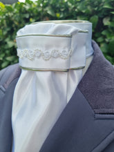 Load image into Gallery viewer, ERA Euro Lyndal Regal Stock tie - White Satin with silver metallic piping and small pearl trim