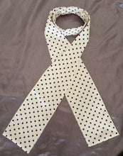 Load image into Gallery viewer, ERA MARY SELF-TIE STOCK - Cream & navy polka dot satin "Traditional Tie Your Own"  with Gold Horse Shoe Brooch