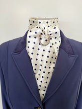 Load image into Gallery viewer, ERA MARY SELF-TIE STOCK - Cream & navy polka dot satin "Traditional Tie Your Own"  with Gold Horse Shoe Brooch