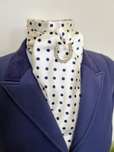 Load image into Gallery viewer, ERA MARY SELF-TIE STOCK - Cream & navy polka dot satin "Traditional Tie Your Own"  with Gold Horse Shoe Brooch