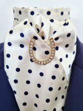 Load image into Gallery viewer, ERA MARY SELF-TIE STOCK - Cream & navy polka dot satin "Traditional Tie Your Own"  with Gold Horse Shoe Brooch