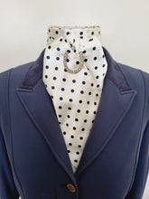 Load image into Gallery viewer, ERA MARY SELF-TIE STOCK - Cream & navy polka dot satin "Traditional Tie Your Own"  with Gold Horse Shoe Brooch