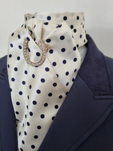 Load image into Gallery viewer, ERA MARY SELF-TIE STOCK - Cream & navy polka dot satin "Traditional Tie Your Own"  with Gold Horse Shoe Brooch