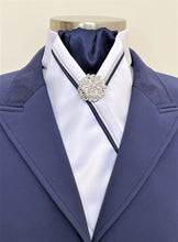 Load image into Gallery viewer, ERA RACHAEL STOCK TIE - White satin, navy, navy & silver satin piping & brooch
