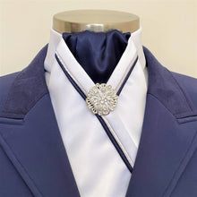 Load image into Gallery viewer, ERA RACHAEL STOCK TIE - White satin, navy, navy & silver satin piping & brooch