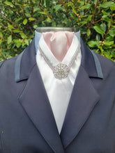 Load image into Gallery viewer, ERA RACHAEL STOCK TIE - White satin and Pale Pink, with silver & pale pink "V" piping & brooch