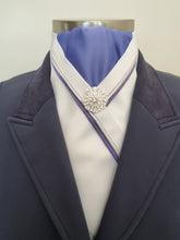Load image into Gallery viewer, ERA RACHAEL STOCK TIE - CLEARANCE - White & cornflower satin with 2 pipings & brooch