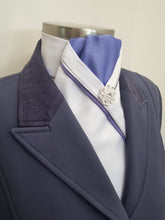 Load image into Gallery viewer, ERA RACHAEL STOCK TIE - White & cornflower satin with 2 pipings & brooch