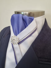 Load image into Gallery viewer, ERA RACHAEL STOCK TIE - White & cornflower satin with 2 pipings & brooch