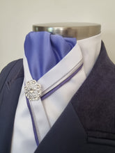 Load image into Gallery viewer, ERA RACHAEL STOCK TIE - CLEARANCE - White & cornflower satin with 2 pipings & brooch