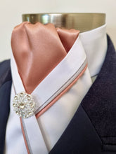 Load image into Gallery viewer, ERA RACHAEL STOCK TIE - White satin, rose gold, silver & rose gold piping & brooch