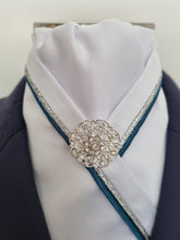 Load image into Gallery viewer, ERA RACHAEL STOCK TIE - White satin with teal and silver piping & brooch