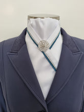 Load image into Gallery viewer, ERA RACHAEL STOCK TIE - White satin with teal and silver piping & brooch