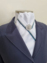 Load image into Gallery viewer, ERA RACHAEL STOCK TIE - White satin with teal and silver piping & brooch