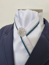 Load image into Gallery viewer, ERA RACHAEL STOCK TIE - White satin with teal and silver piping & brooch